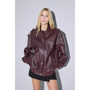 Dad Fit Polo Yaka Fermuarlı Suni Deri Mont F4757AX25WN