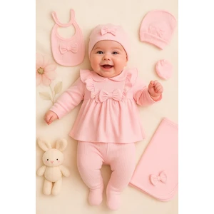 0-3 Ay Kız Bebek Yeni Doğan Fiyonklu Fırfırlı Battanıyeli 7 Parça Hastane Çıkışı Zıbın Seti