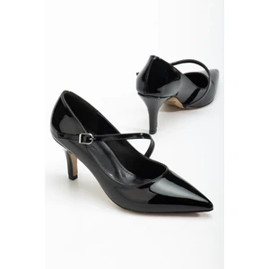 Dilimler Ayakkabı Büyük Beden Kadın Stiletto Ince Topuklu Ayakkabı Siyah Rugan Baretli