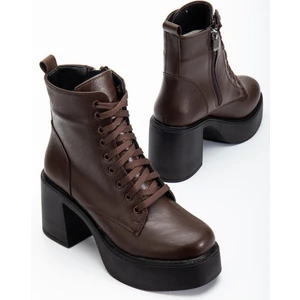 Dilimler Ayakkabı Kahverengi Kadın Platform Topuklu Bot Bağcıklı Fermuarlı