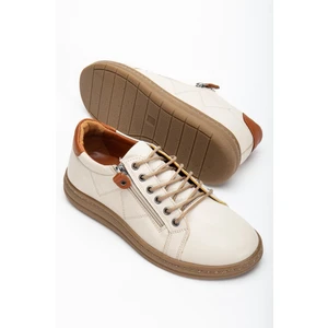 Dilimler Ayakkabı Bej Hakiki Deri Ortopedik Kadın Günlük Ayakkabı Fermuarlı Bağcıklı