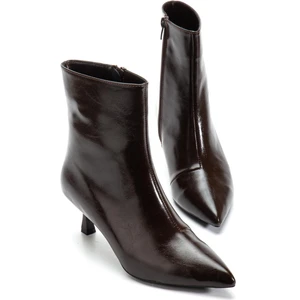 Dilimler Ayakkabı Kahverengi Kadın Ince Topuklu Bot Kırışık Rugan Sivri Burun