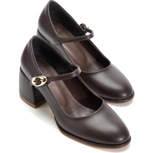 Dilimler Ayakkabı Kahverengi Kadın Kalın Topuklu Ayakkabı Baretli Vardola Kalın Tokalı