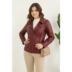 Polar Astarlı Yeni Sezon Kadın Deri Mont KS2565 Bordo - 42