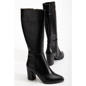 Dilimler Ayakkabı Kadın Topuklu Çizme Siyah Suni Deri Sivri Burun