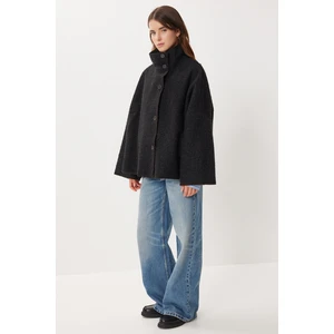 Happiness İstanbul Düğmeli Oversize Yün Efektli Ceket LDP0087 Siyah