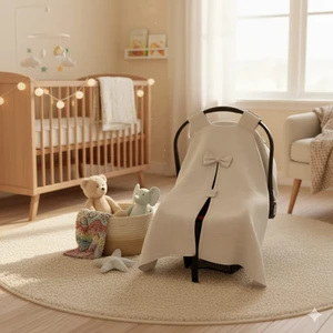 Müslin Kumaş Krem Rengi Puset Örtüsü %100 Pamuk Kum Rengi Bebek Puset Örtüsü Kelebek Detay Puset Örtüsü