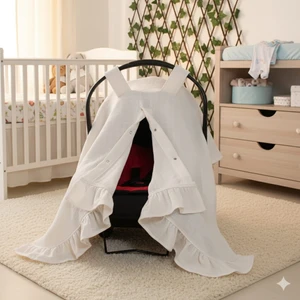 %100 Pamuk Müslin Kumaş Puset Örtüsü Çıt Çıt ve Fırfır Desenli Krem Rengi Puset Örtüsü