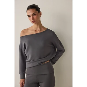 Gri Kayık Yaka Modal Önü Açık Sweatshirt