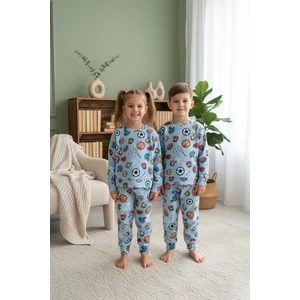 Top Desenli Bisiklet Yaka Polar Unisex Çocuk Pijama Takımı