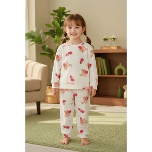 Ayıcık Desenli Bisiklet Yaka Polar Kız Çocuk Pijama Takımı