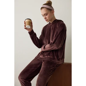 Kahverengi Yumuşak Kadife Sıcak Tutan Termal Etkili Kapüşonlu Sweatshirt