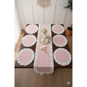 Uçkan Home Fırfırlı Ekoseli 1 Runner 6 Amerikan Servisi Supla Takımı - 7 Parça Çeyiz Seti