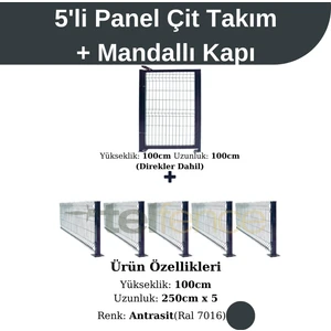 5 ‘li Panel Çit Takım Antrasit (12.5 Mt) + Panel Çit Mandallı Kapı Avantaj Paketi (100 Cm)