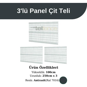 3 ‘lü Panel Çit Teli 100x250 Cm Antrasit (7,5 Metre)