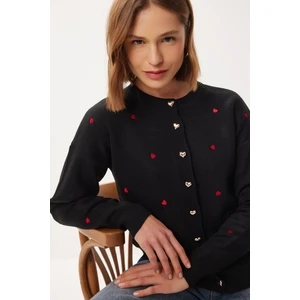 Happiness İstanbul Kalp Nakışlı Şık Düğmeli Triko Hırka LNX0008 Siyah