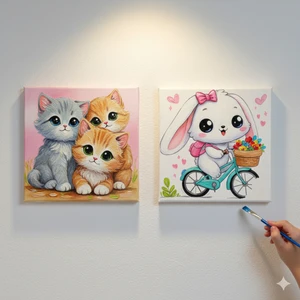 Dudu Ahşap Anaokulu İlkokul  Etkinliği 2'li Tuval Boyama Seti 20 x 20 cm Uv Baskı + 6 Akrilik Boya + 1 Fırça Model 35