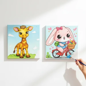 Dudu Ahşap Anaokulu İlkokul  Etkinliği 2'li Tuval Boyama Seti 20 x 20 cm Uv Baskı + 6 Akrilik Boya + 1 Fırça Model 30