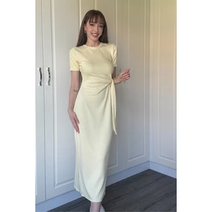 Dilay Gökoğlu Butik Bağlamalı Midi Modal Sarı Elbise