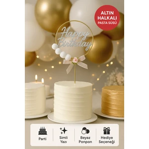 Altın Halkalı Simli “happy Birthday” Pasta Süsü – Ponponlu ve Fiyonklu Doğum Günü Süsü