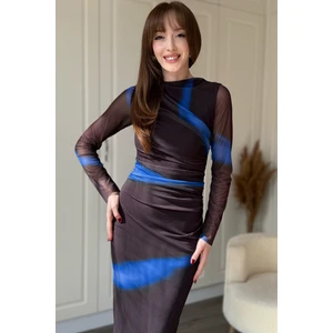 Dilay Gökoğlu Butik Drapeli Uzun Kol Mavi Karışık Zarif Desenli Midi Tül Elbise