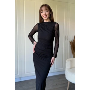 Dilay Gökoğlu Butik Drapeli Uzun Kollu Siyah Tül Elbise