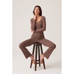 Los Ojos x Ece Kahverengi Modal Kumaşlı Uzun Kollu Eşofmanlı Pijama Takımı Ribbed Pj2