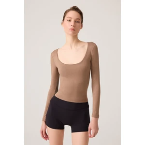 Los Ojos x Ece Mocha Melanj Uzun Kollu U Yaka Spor Bluz Scoop Neck Top