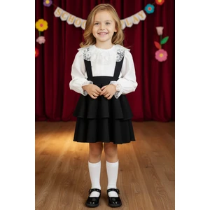 Kız Çocuk Helen Siyah Askılı Kat Kat Bağlama Jile Elbise Dantel Detay Ekru Uzun Kollu Bluz Takım TKM-0181.2