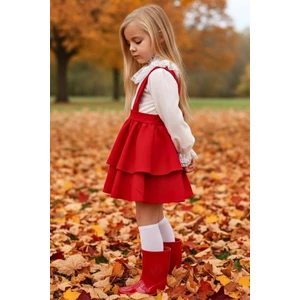 Kız Çocuk Helen Kırmızı Askılı Kat Kat Bağlama Jile Elbise Dantel Detay Ekru Uzun Kollu Bluz Takım TKM-0190.3