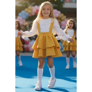 Parla Kids Kız Çocuk Helen Koyu Sarı Askılı Kat Kat Bağlama Jile Elbise Dantel Detay Ekru Uzun Kollu Bluz Takım TKM-0190.4