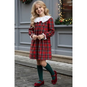 Parla Kids Kız Çocuk Kırmızı Kolej Ekose Uzun Kollu Dantel