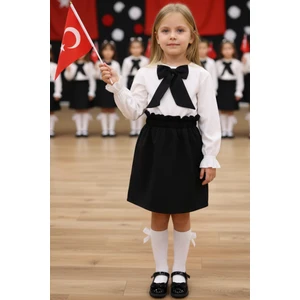 Parla Kids Kız Çocuk Uzun Kollu Siyah Etek Ekru Bluz Fular 23 Nisan Takım