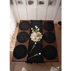 Uçkan Home Fırfırlı Siyah Keten 1 Adet Runner 6 Adet Amerikan Servis - 7 Parça Çeyiz Seti