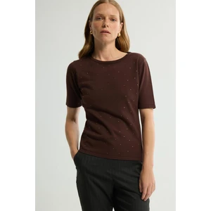 Love My Body Yuvarlak Yaka Kısa Kollu Triko Bluz Kahve 115L9634000