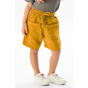 Eliş Şile Bezi Batı Cep Detaylı Yazlık Müslin Kız Çocuk Şort Hardal Hrd
