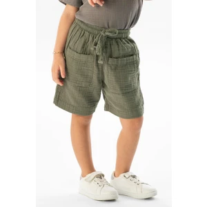 Eliş Şile Bezi Batı Cep Detaylı Yazlık Müslin Kız Çocuk Şort Haki Hk