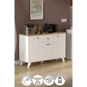  Bofigo 4 Kapaklı Dolap Çekmeceli Çok Amaçlı Dolap Mutfak Dolabı Kahve Köşesi Kiler Ilayda Safir Meşe Beyaz