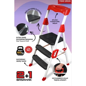 Bambus Home Elegance 2+1 Geniş Basamaklı Kolay Taşıma Aparatlı Merdiven Kaliteli Paslanmaz