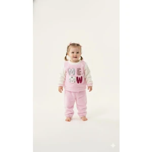 Sevimli Pembe ve Beyaz Tüylü Meow Desenli Bebek Takımı Kız Bebek Ev Giyimi