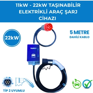 Voltev 22KW Hızlı Şarj, Taşınabilir, 5mt Kablolu Elektrikli Araç Şarj Cihazı