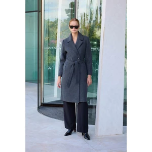 Önden Düğmeli Beli Kuşaklı Uzun Kaşe Kaban