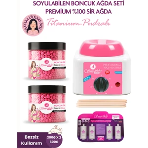 2 x Pudralı Soyulabilen Boncuk Ağda + Premium Ağda Isıtıcı Makine + Ağda Yağı+ Spatula Seti