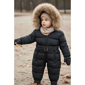 HC Kids Wear Bebek Kozmonot Tulum Kürk Kapşonlu Siyah