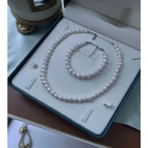 50 cm - Sertifikalı 925 Ayar Gümüş Doğal 8mm Inci Kolye Bileklik ve Küpe Seti