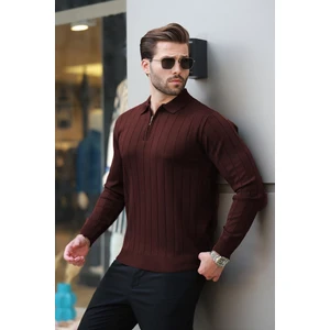 Bordo Polo Yaka Fermuarlı Örme Kazak 7242