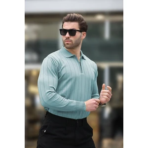 Mavi Polo Yaka Fermuarlı Örme Kazak 7242