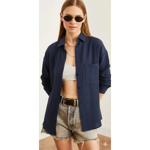 Kadın Oversize Basic Cepli Müslin Gömlek