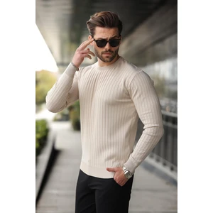 Taş Rengi Bisiklet Yaka Çizgili Uzun Kollu  Kazak E7273