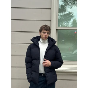 Erkek Garnili Su ve Rüzgar Geçirmez Oversize Şişme Mont Lacivert